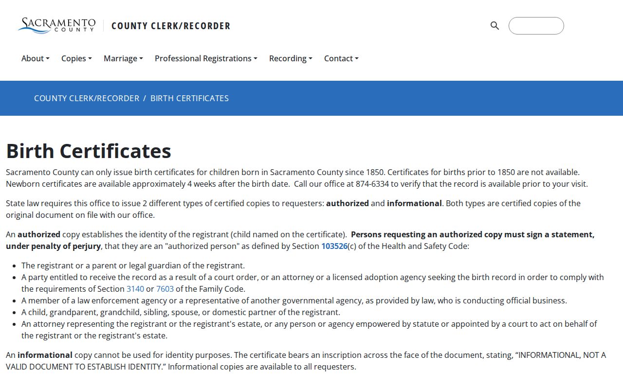 Elk Grove public records birth certificate application page