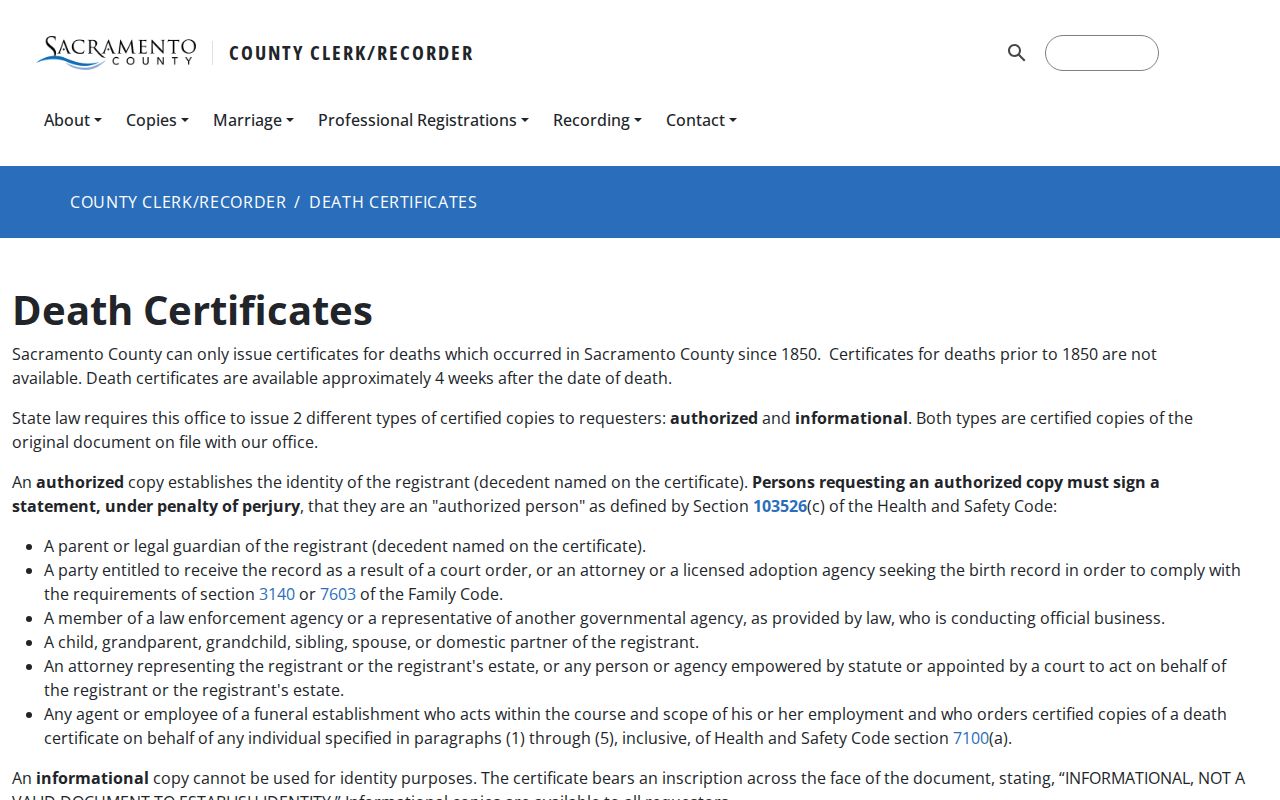 Elk Grove public records death certificate application page